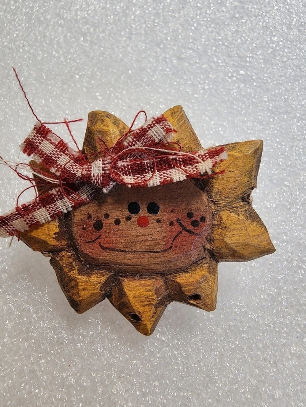 Signed Tim Smith Folk Art Wood Sun Face Brooch Pin Fall Autumn Rustic